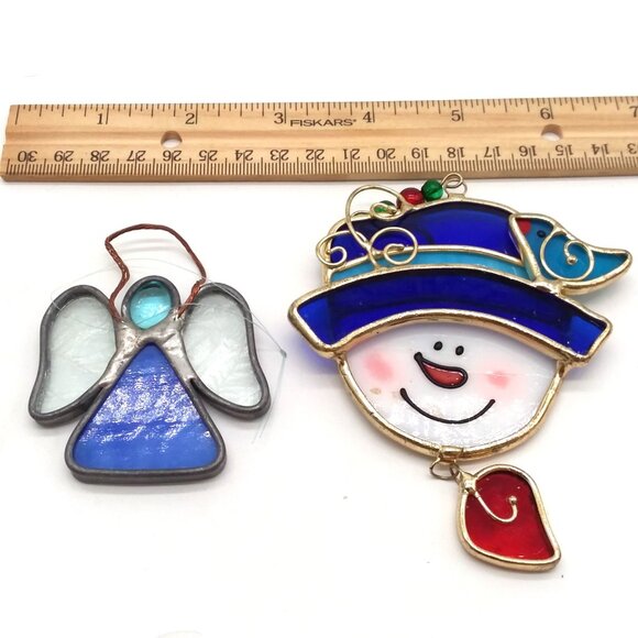 Snowman & Angel Suncatcher Stained Glass Handmade Ornament Winter Blue Bird VTG - Picture 3 of 3